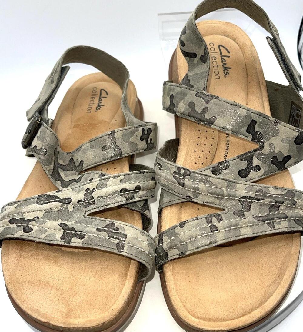 Clarks Collection Sandals Womens Size 9W Gray Camo Strappy Slingback Comfort